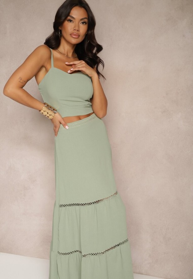 Zielony Komplet Top na Ramiączkach i Rozkloszowana Spódnica Amurra