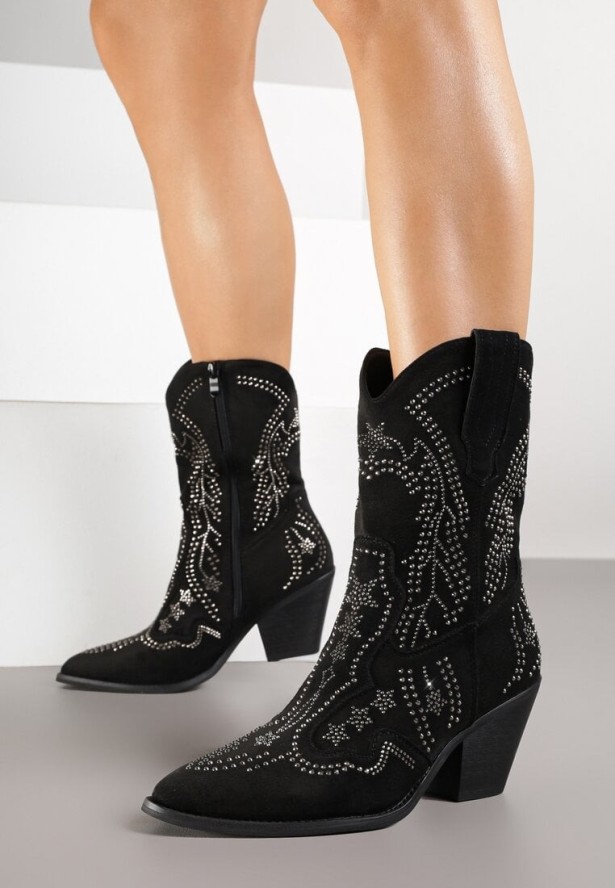 Czarne Botki Typu Kowbojki na Obcasie Ozdobione Cyrkoniami Rilionea