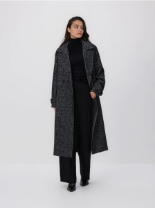 Wiązany płaszcz z wełną - czarny