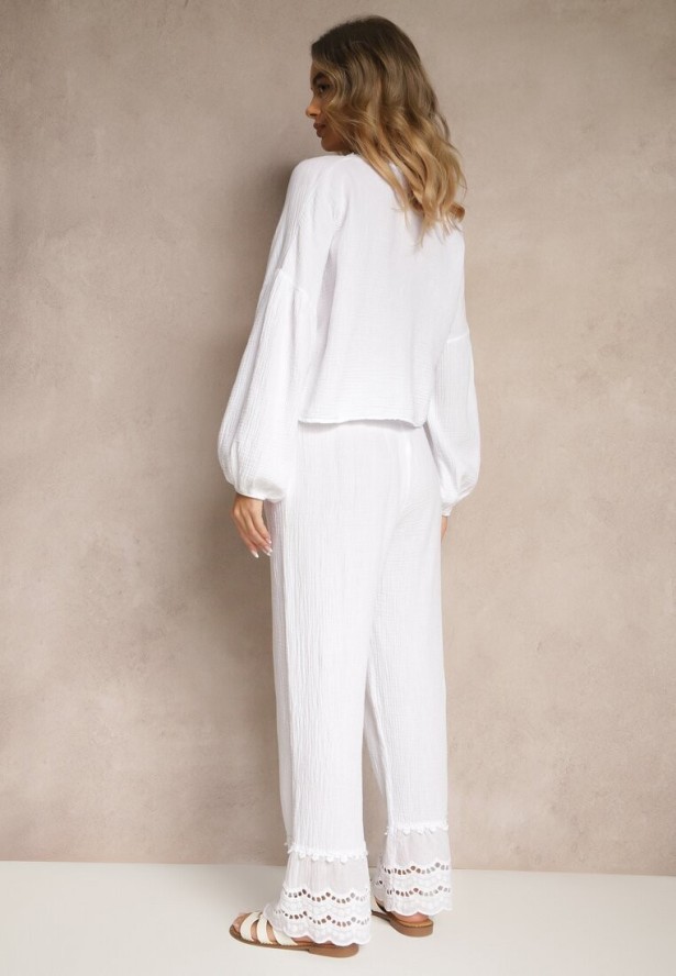 Biały Komplet z Bawełny z Ażurowymi Wstawkami Bluzka z Wiązaniem i Spodnie Jaette