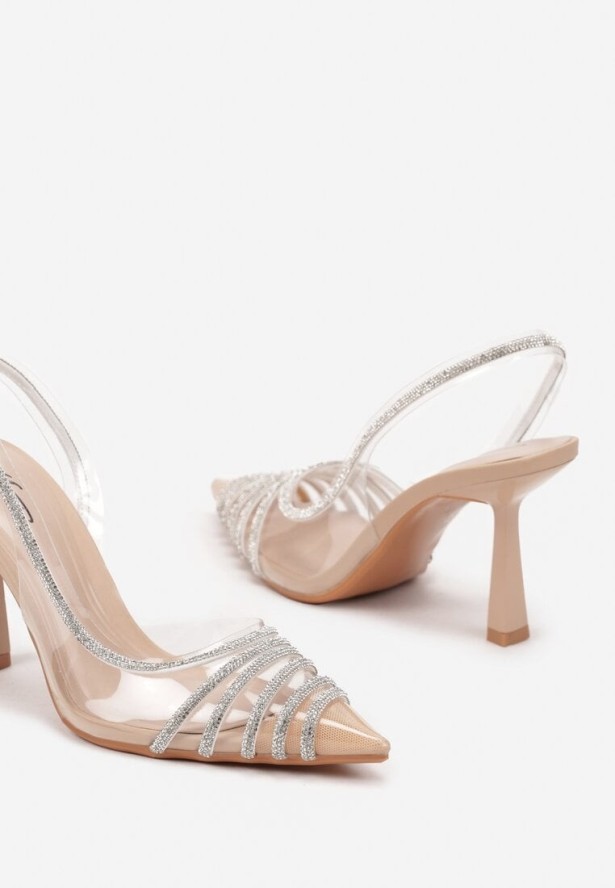 Beżowe Sandały na Obcasie Transparentne z Noskiem w Szpic Zdobione Cyrkoniami Feloril