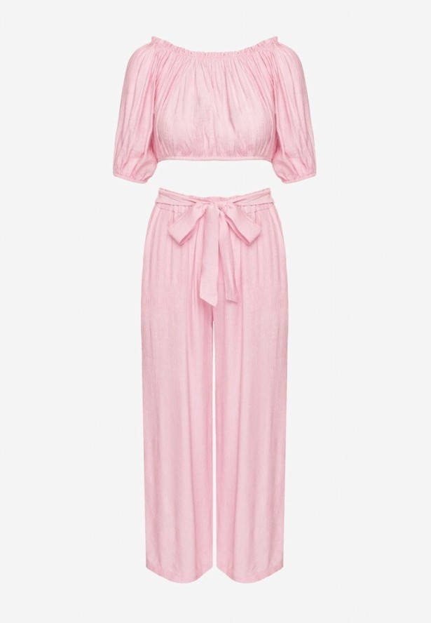 Ciemnoróżowy Komplet Szerokie Spodnie i Bluzka z Bufiastymi Rękawami Idasela