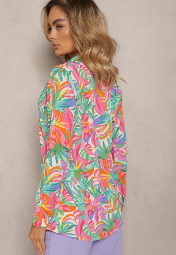 Zielono-Różowa Koszula o Klasycznym Kroju we Florystyczny Print Ationama