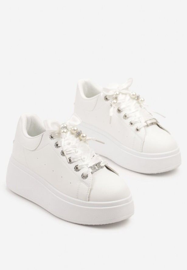 Białe Sneakersy na Platformie Ozdobione Cyrkoniami Vivalle
