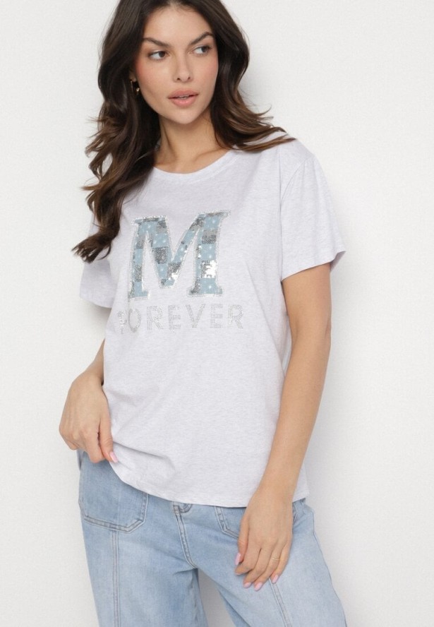 Jasnoszary T-shirt z Bawełny Ozdobiony Napisem i Cyrkoniami Olireth