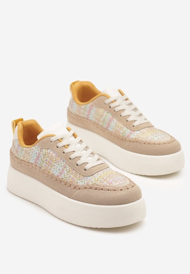 Ciemnobeżowe Sneakersy na Grubej Podeszwie z Plecioną Cholewką Nilavanea