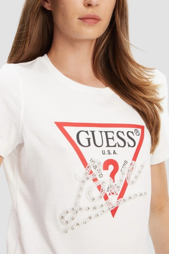 GUESS Biały damski t-shirt Pearls Love, Rozmiar M