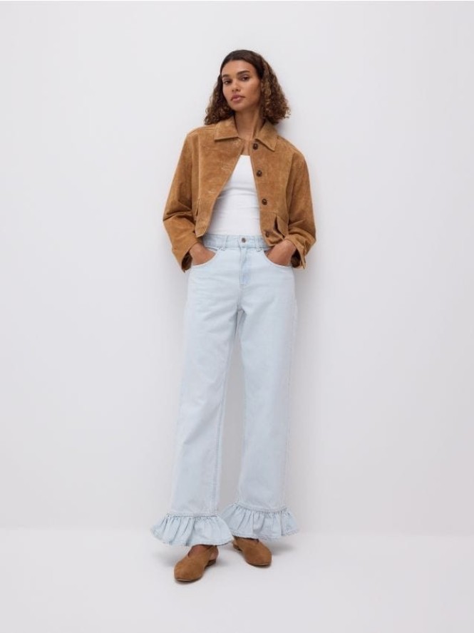 Jeansy wide leg z falbankami - niebieski
