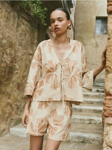 Wiązana bluzka z dodatkiem lnu - wielobarwny