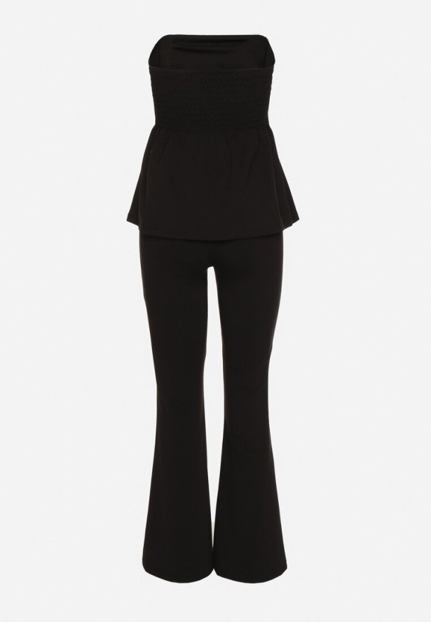 Czarny Komplet Top z Baskinką Zdobiony Guzikami i Spodnie Dzwony Sovkio