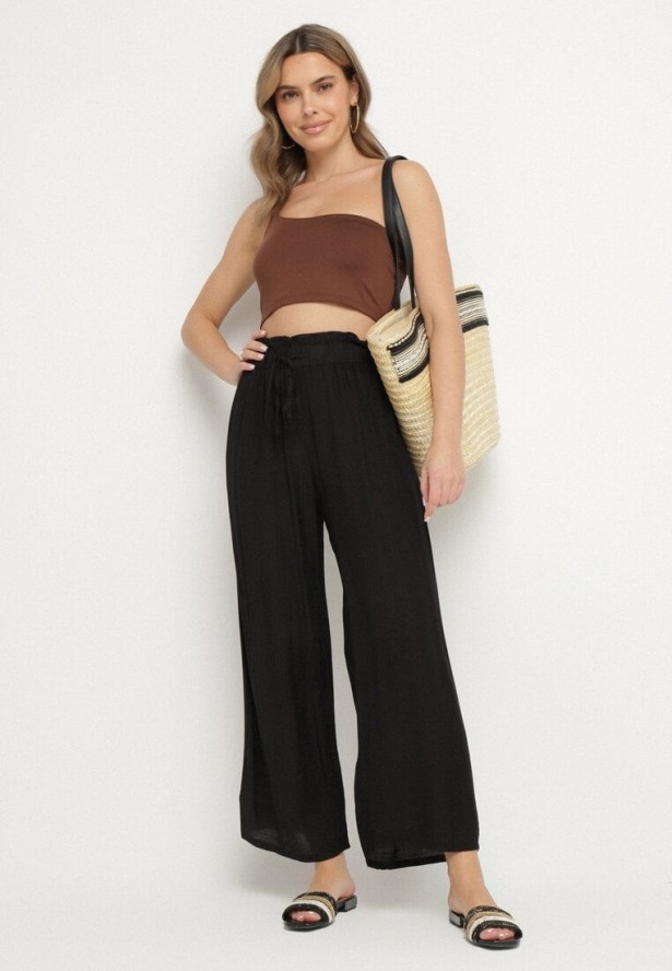 Czarne Szerokie Spodnie z Wysokim Stanem Ozdobione Wiązaniem Teliriela