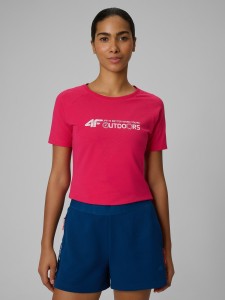 4F T-shirt slim z nadrukiem damski - różowy L