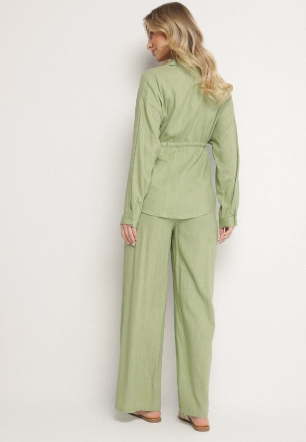 Zielony Komplet z Wiskozą Koszula Ściągana w Talii i Szerokie Spodnie Divellara