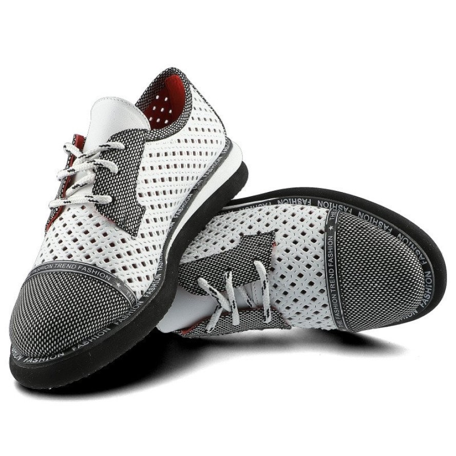 Półbuty damskie Lanqier, wykonane z materiału o otwartej ażurowej strukturze z kontrastowymi wzmocnieniami z klasycznym sznurowaniem, białe, 46C2339