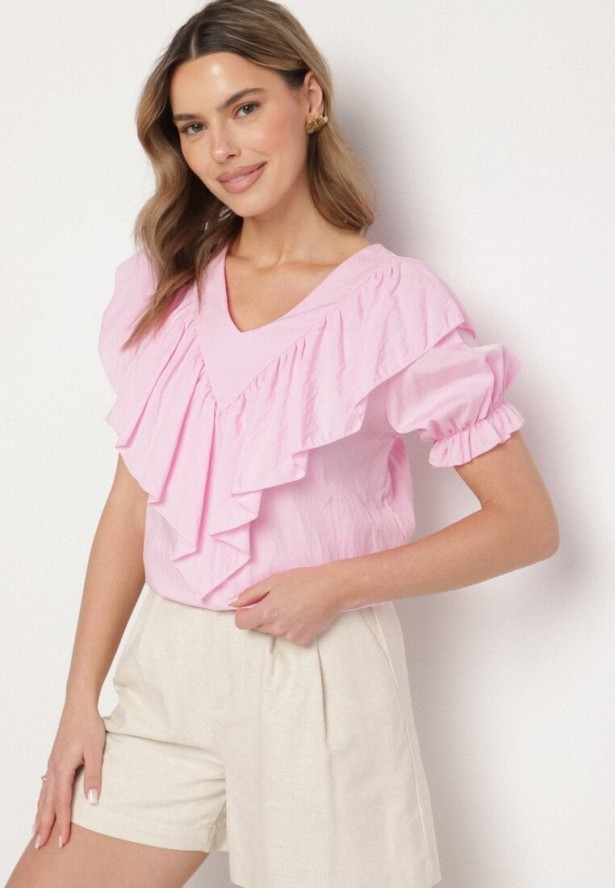 Różowa Bluzka z Wiskozą i Falbankami Fadevia