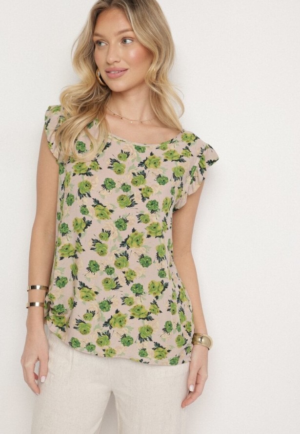 Zielono-Beżowa Bawełniana Bluzka w Kwiaty Naperia