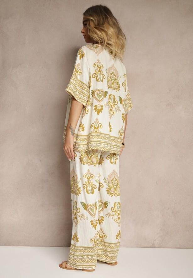 Żółty Wiskozowy Komplet w Orientalny Print Szerokie Spodnie i T-shirt Pollialia
