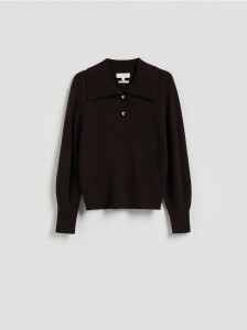 Wełniany sweter z kołnierzem - ciemnobrązowy