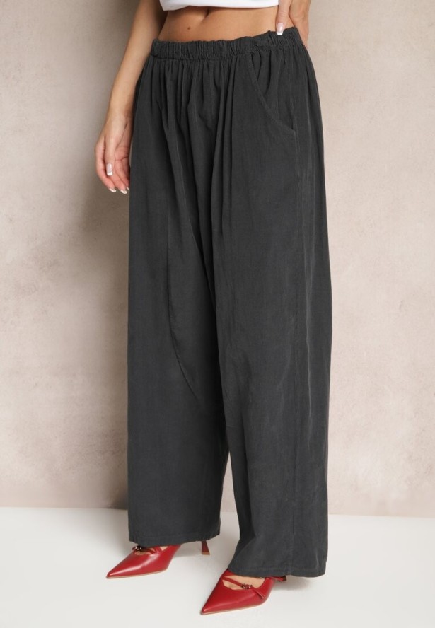 Ciemnoszare Bawełniane Spodnie High Waist o Szerokim Kroju Velili