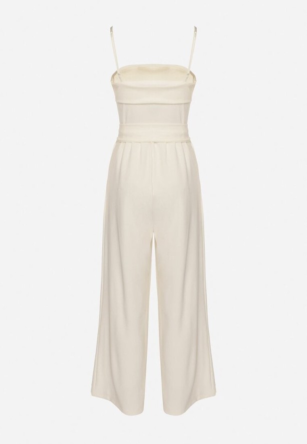 Jasnobeżowy Kombinezon Ozdobiony Paskiem z Szerokimi Nogawkami Deolise