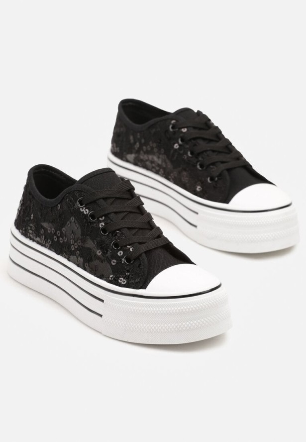 Czarne Siateczkowe Trampki Vices na Platformie Zdobione Cekinami Telandria