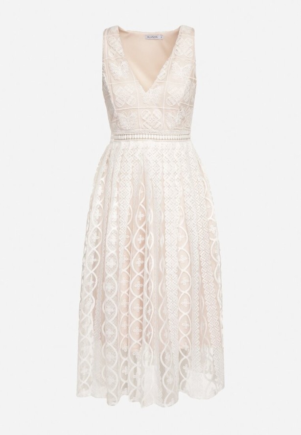 Jasnobeżowa Rozkloszowana Sukienka z Plisowanym Dołem i Ozdobnymi Haftami Asorasia