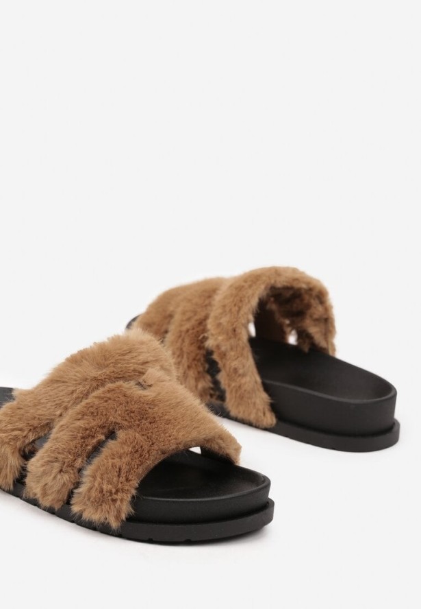 Brązowe Klapki z Futerkiem na Piankowej Podeszwie Waliora