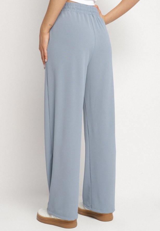 Niebieskie Szerokie Spodnie z Wysokim Stanem i Wiązaniem Deannie