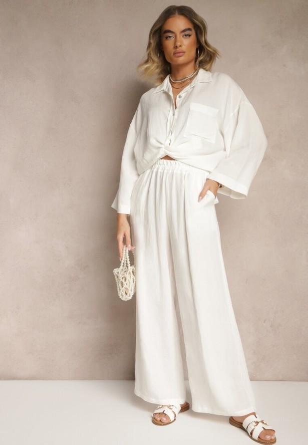 Biały Komplet z Wiskozy Spodnie o Szerokim Kroju i Koszula Novesca