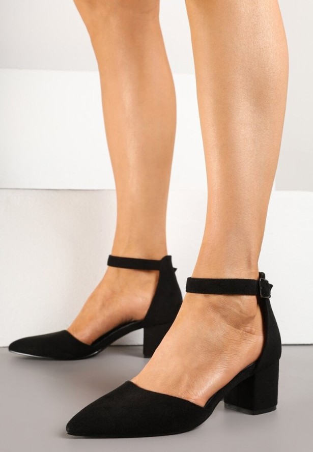 Czarne Czółenka na Obcasie Vices ze Skórzaną Wkładką i Ozdobnym Paskiem Nurisella
