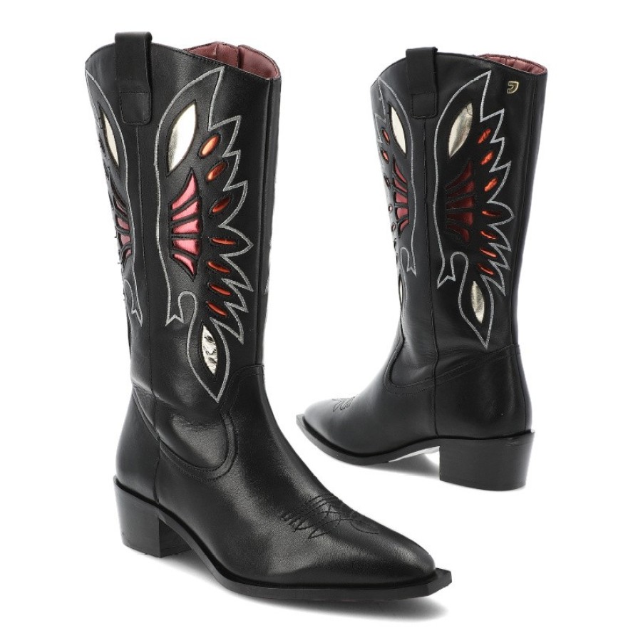 Kowbojki damskie Gioseppo, skórzane z noskiem w szpic na klocku z wysoką cholewką i zapinane na zamek, czarne, Nisswa-76094