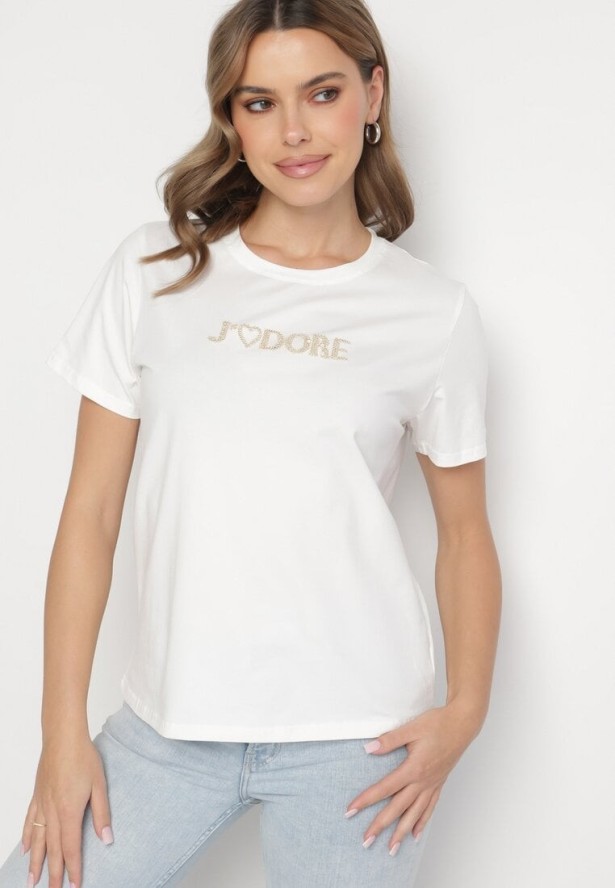 Biały Bawełniany T-shirt Ozdobiony Napisem Nalaviraen