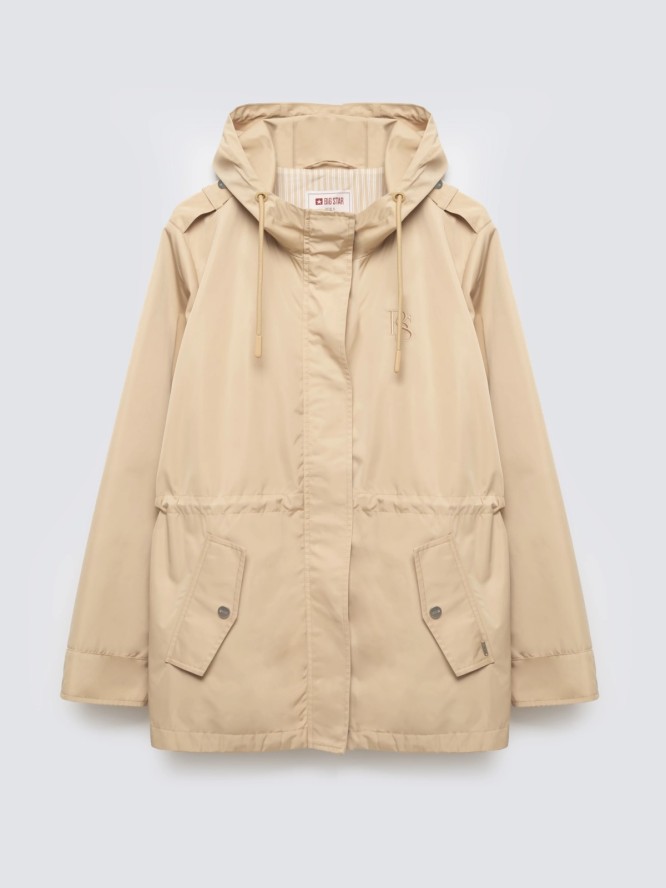 Kurtka damska przeciwdeszczowa z regulacją w talii z kapturem beżowa Lisa 801