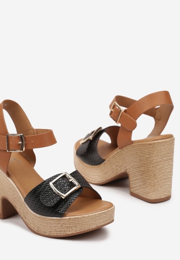 Czarne Sandały z Plecionką na Obcasie i Platformie Ozdobione Klamrami Amerxia