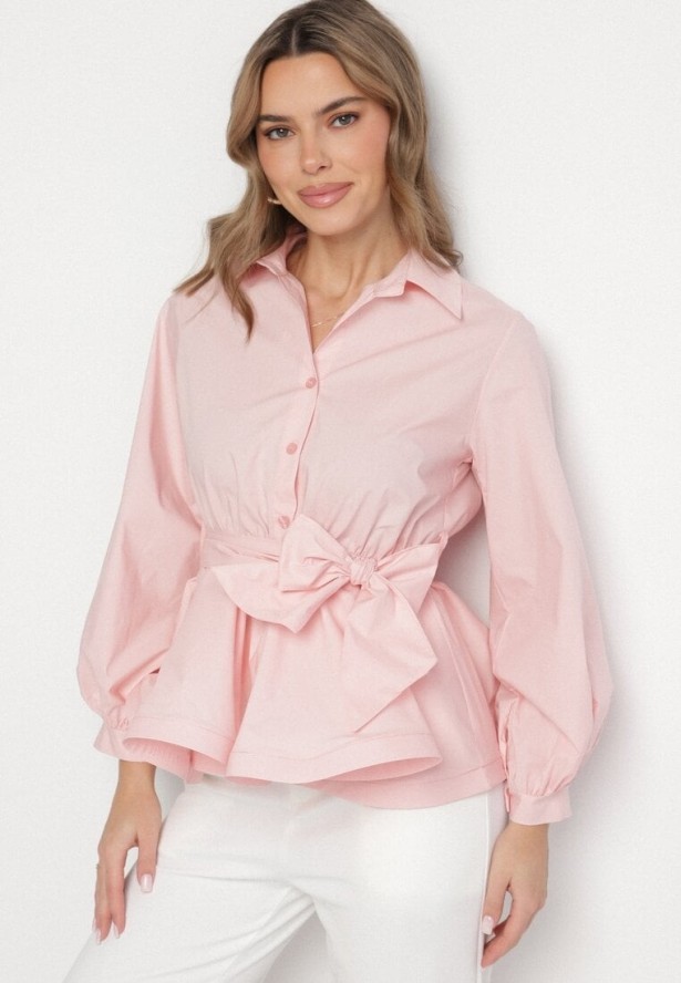 Różowa Koszula z Gumką w Talii z Materiałowym Paskiem Lanothia