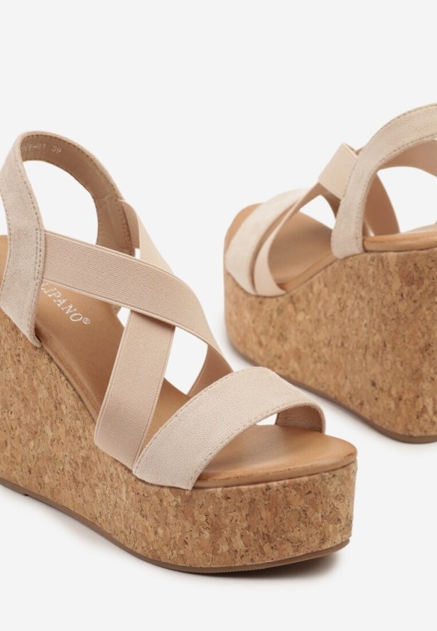 Beżowe Sandały na Korkowym Koturnie Fevire