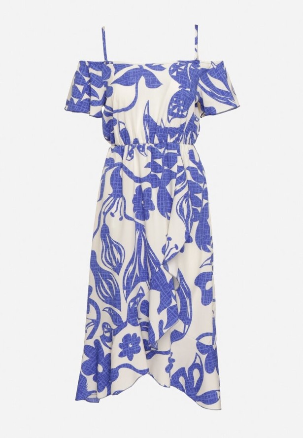 Niebiesko-Biała Sukienka Typu Hiszpanka na Ramiączkach z Gumką w Pasie i Kopertowym Dołem Nellithine