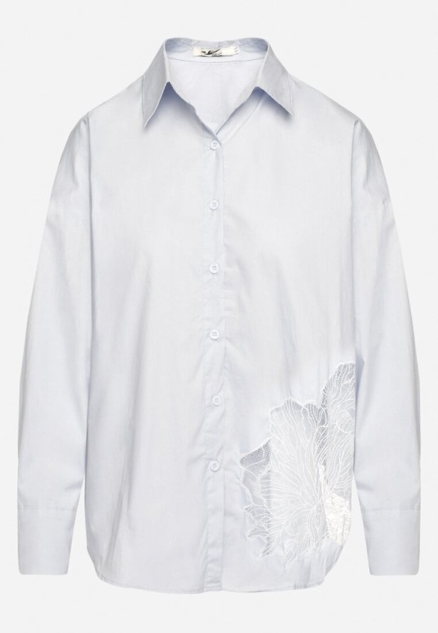 Niebieska Bawełniana Koszula z Ażurowym Wzorem i Regulowanymi Rękawami Naloritha