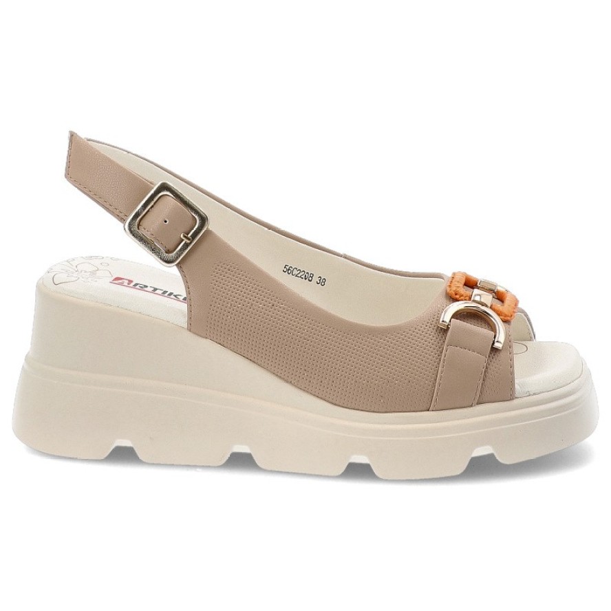 Beżowe Sandały Artiker Stylowe Obuwie Damskie Na Koturnie