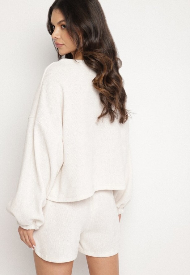 Jasnobeżowy Dzianinowy Komplet Bluza i Szorty Novanisa