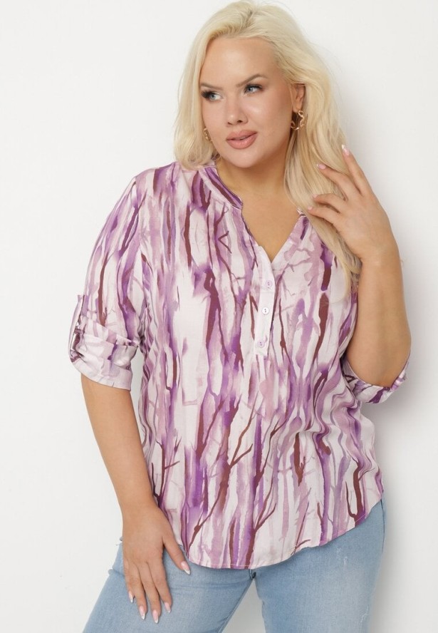 Fioletowa Wiskozowa Koszula w Abstrakcyjny Wzór Bez Kołnierzyka Olireria