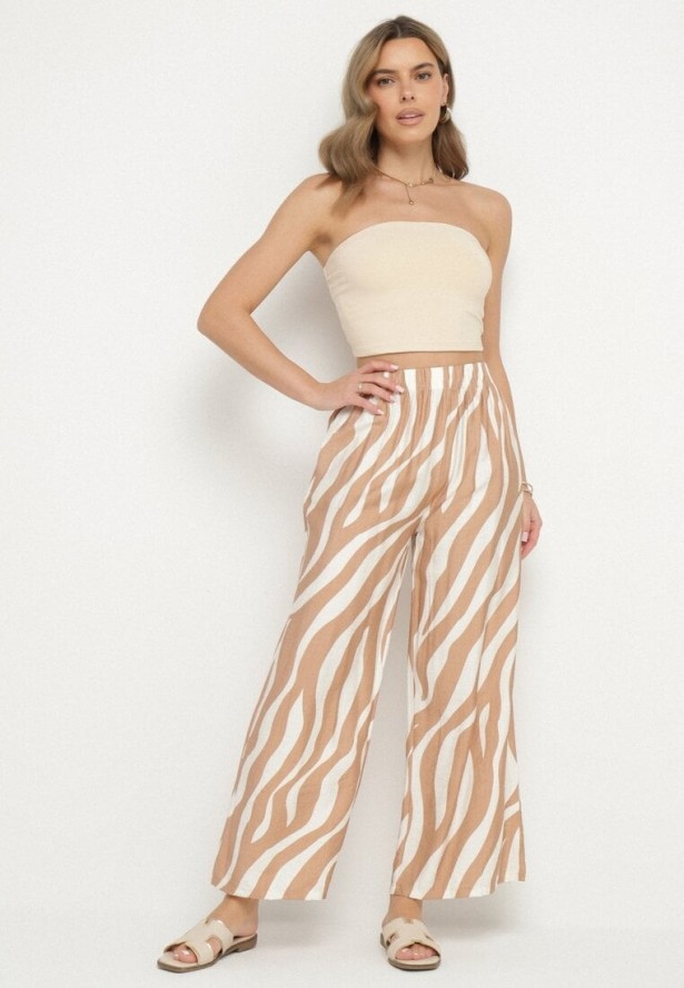 Beżowo-Białe Szerokie Spodnie z Wysokim Stanem z Paskami Lisavitia