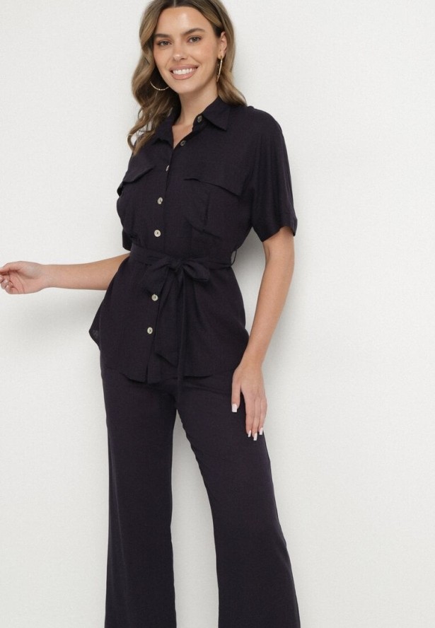 Granatowy Komplet z Wiskozą Lnem Koszula z Paskiem i Szerokie Spodnie Galorisa