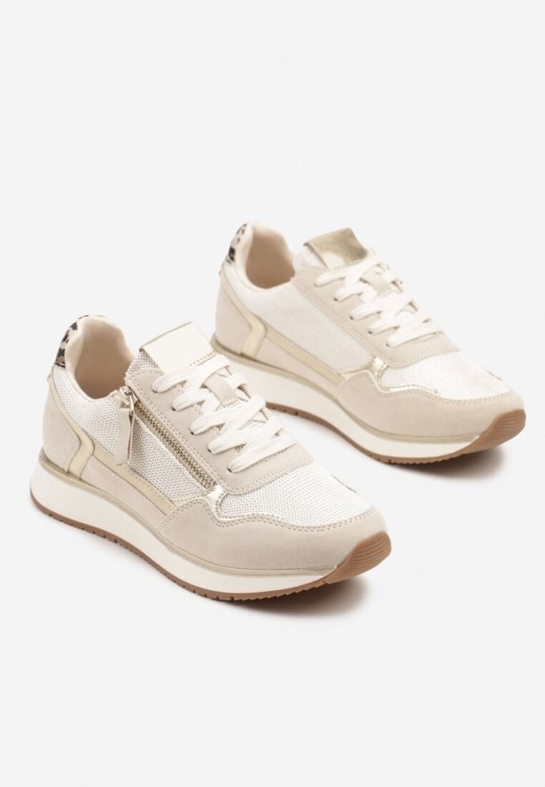 Beżowe Sneakersy Ozdobione Suwakiem i Metalicznymi Wstawkami Alua