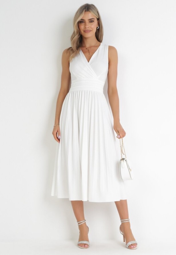 Biała Sukienka Midi Bez Rękawów z Plisowanym Dołem Dreana
