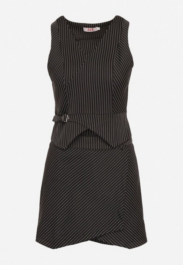 Czarny Komplet Bluzka i Spódnico-Szorty w Paski z Bawełną w Stylu Garniturowym Lirasine