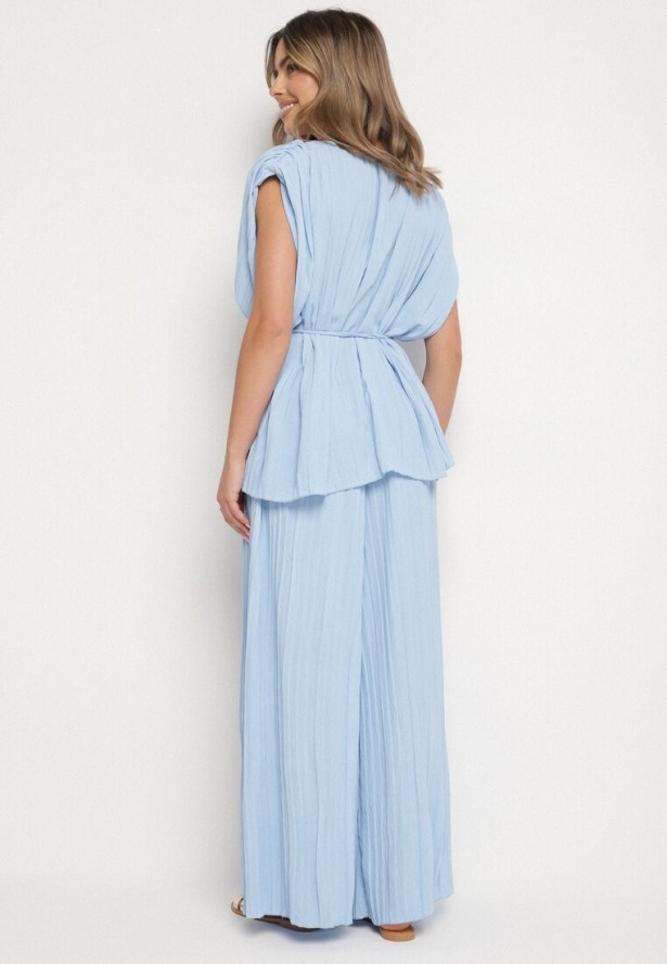 Niebieski Komplet Bluzka z Wiązanym Paskiem i Szerokie Spodnie Dolarea