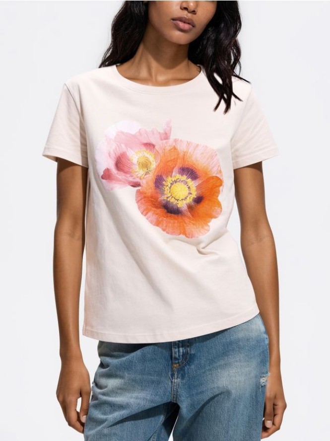 Bawełniany t-shirt z nadrukiem - beżowy