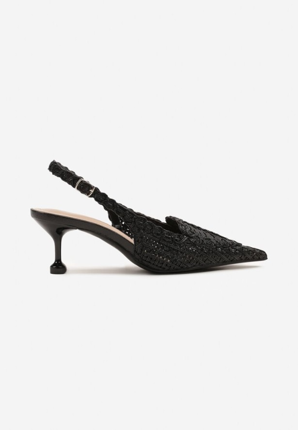Czarne Sandały na Szpilce z Geometrycznym Zdobieniem Typu Slingback Nevonira