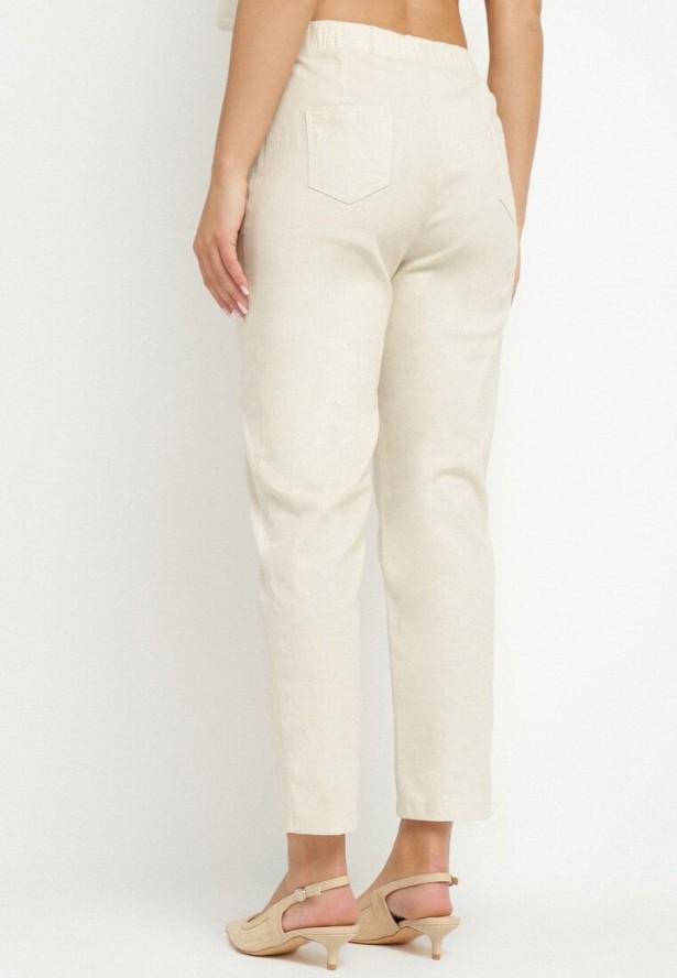 Beżowe Bawełniane Spodnie z Wiązaniem Feltebia